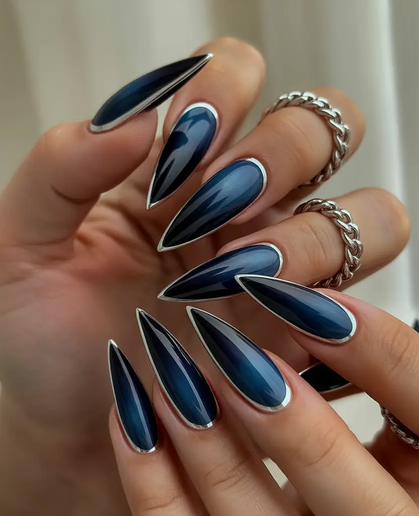 nail colors Midnight Blue Chrome with Graphic Edging