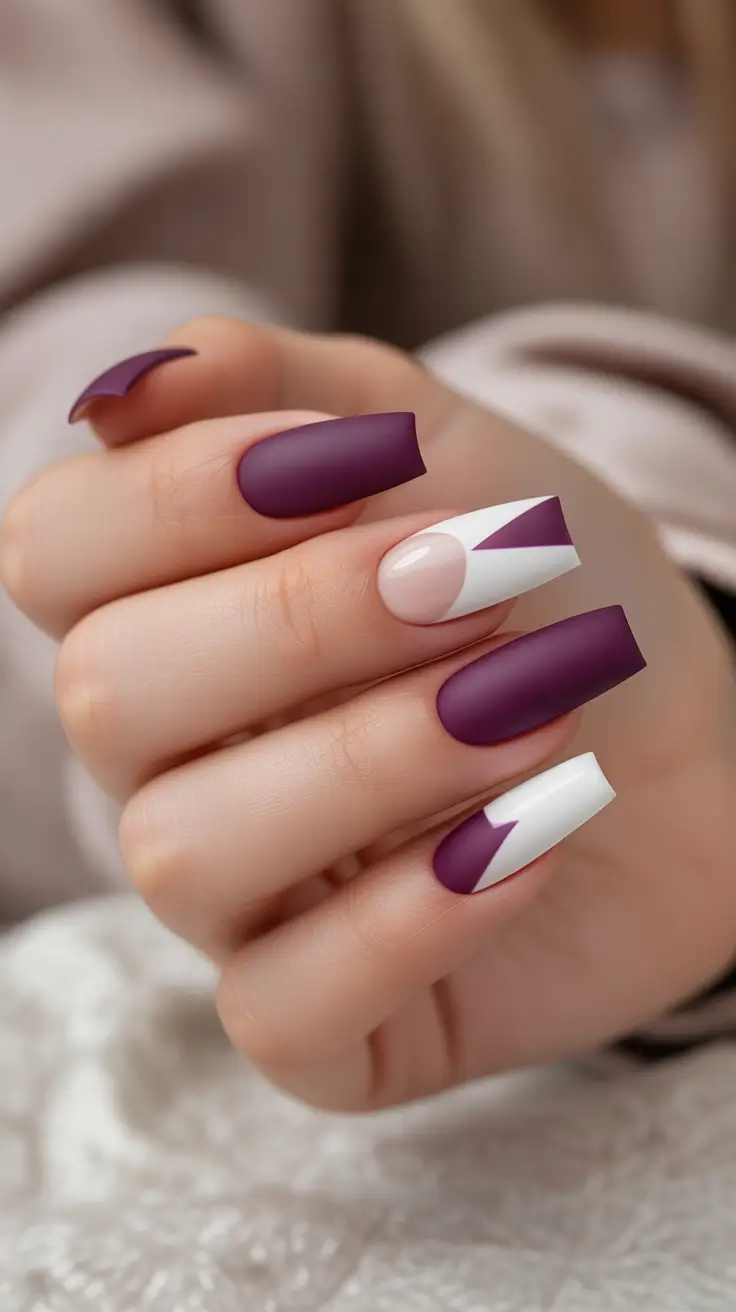 nail colors Plum and White Graphic French Geometry