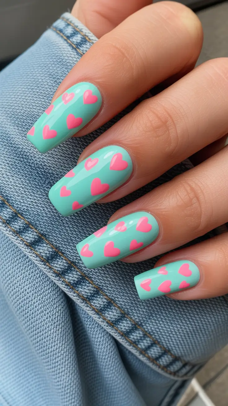 nail colors Mint Green with Pink Heart Motifs