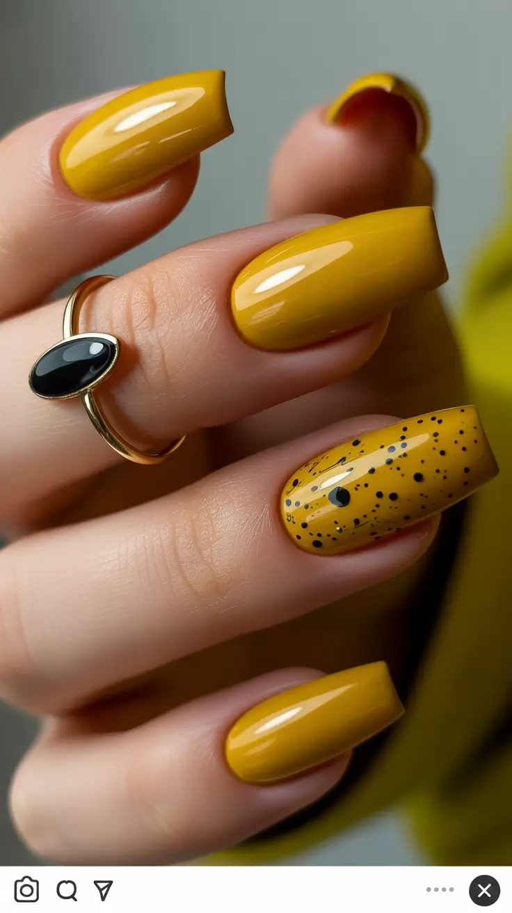 nail colors Glossy Mustard Yellow with Speckled Detail