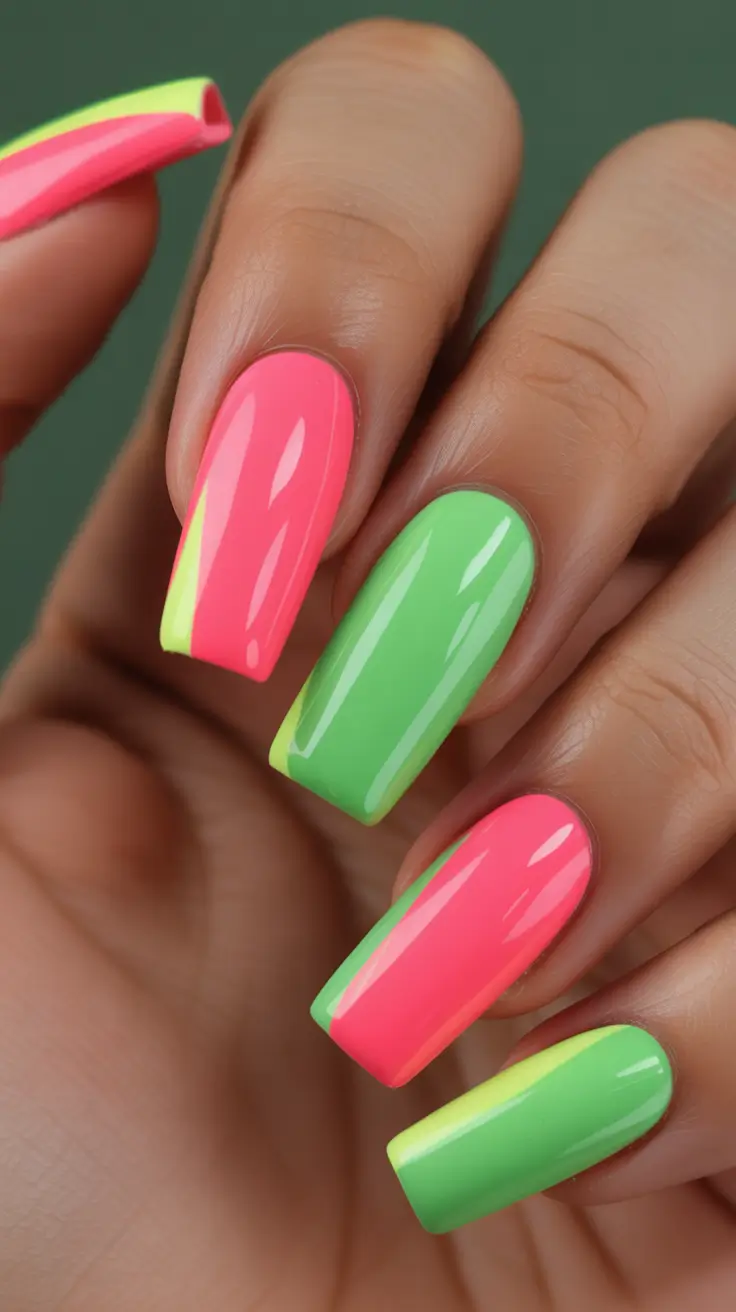 nail colors Neon Coral and Lime Color Blocking