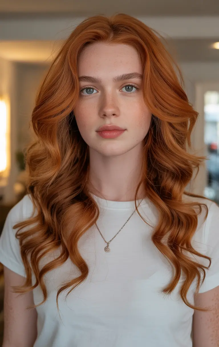 Hairstyles ideas Long Copper Waves With Soft Middle-Part Flow
