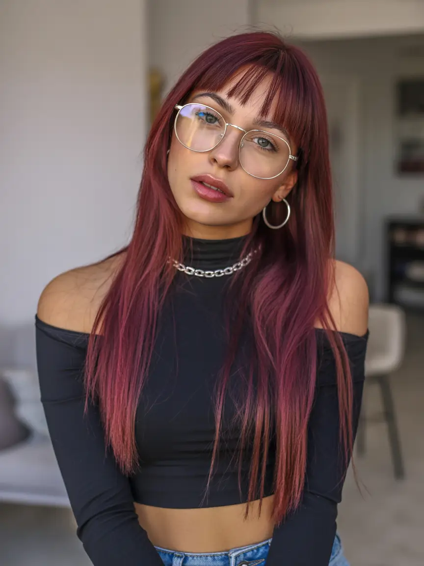 Hairstyles ideas Wine-Toned Straight Layers With Baby Bangs