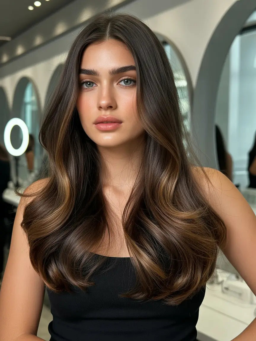 Hairstyles ideas Chocolate Melt Waves With Subtle Caramel Lights