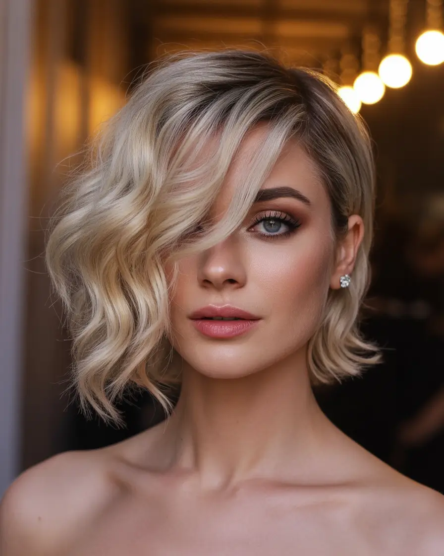 Hairstyles ideas Side-Swept Platinum Bob With Sculpted Wave Texture