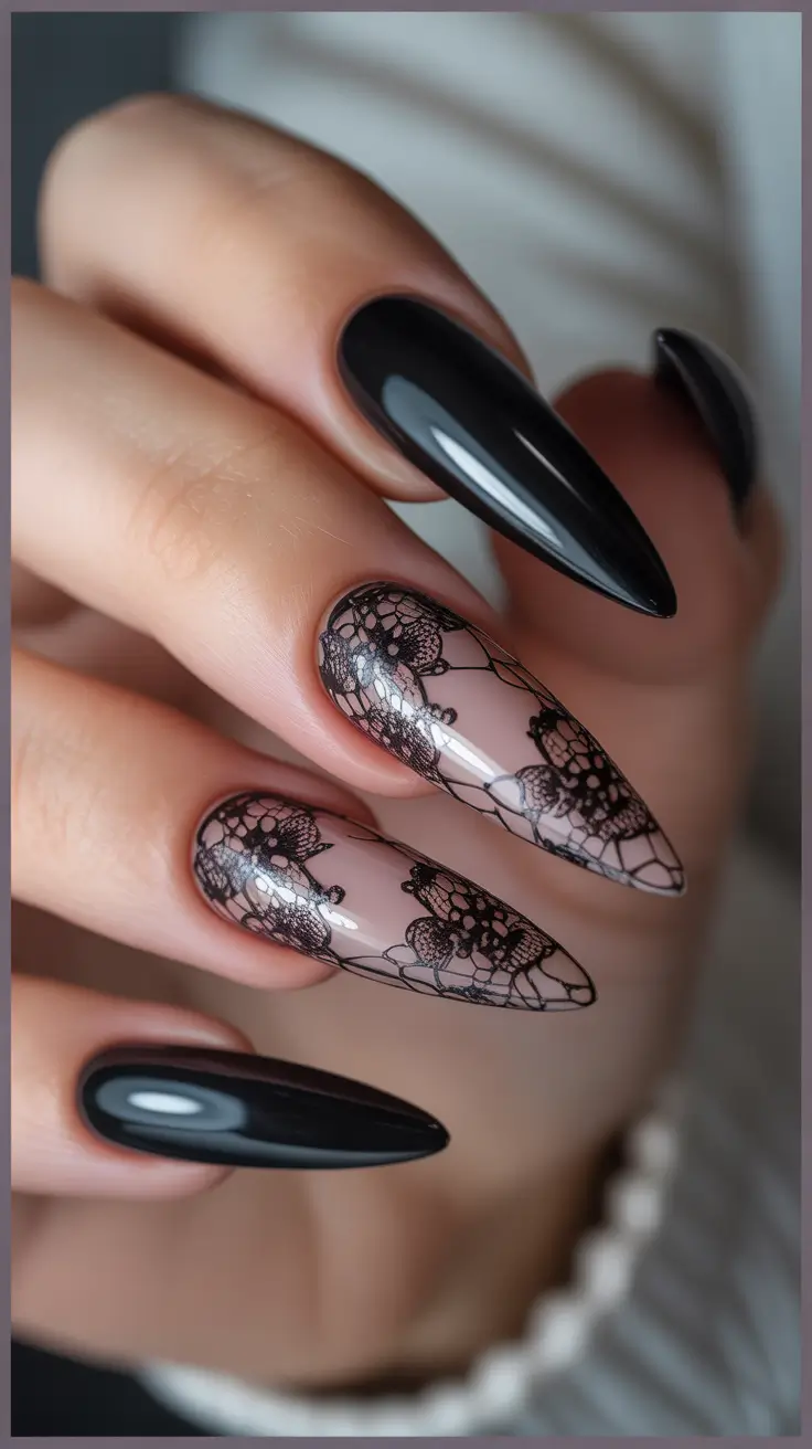 nails-inspo-Black-Lace-Illusion-on-Almond-Gloss