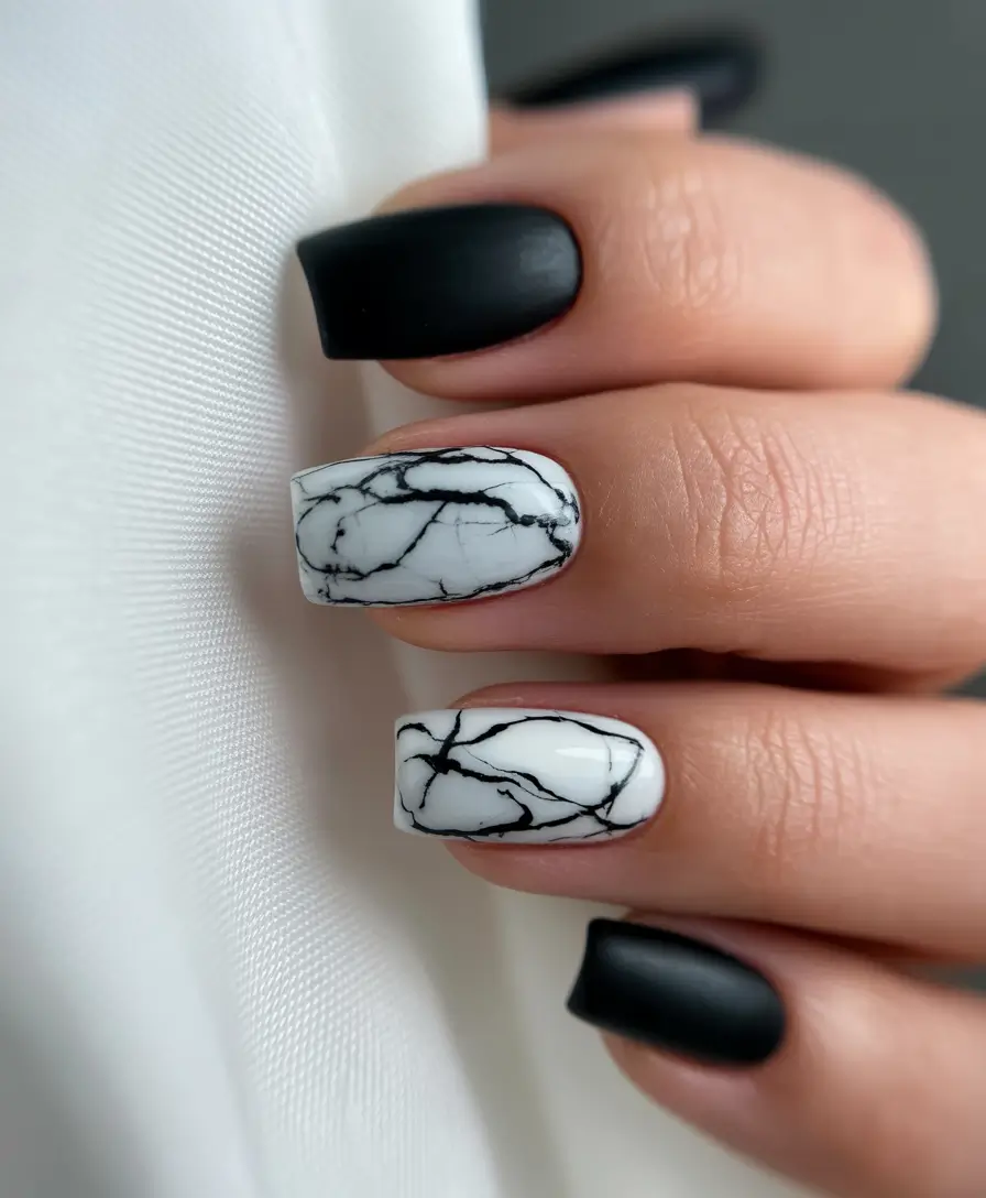 nails-inspo-Marble-Contrast-With-Matte-Black-Sophistication