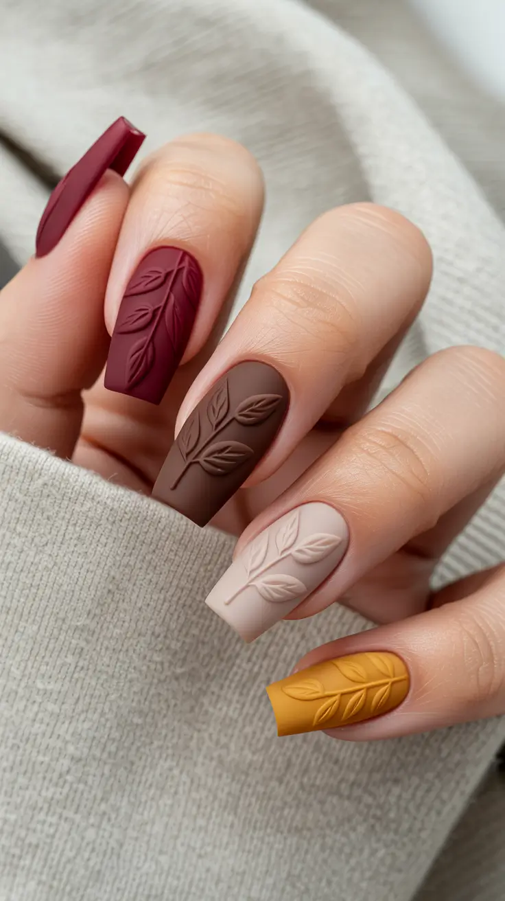 nails-inspo-Autumn-Embossed-Leaves-in-Cozy-Multitone-Mattes