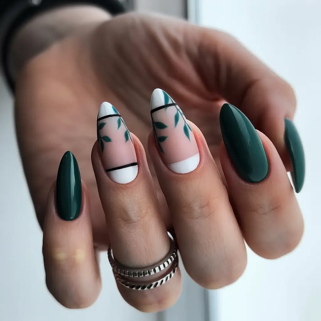 nails-inspo-Green-White-Botanical-Lines-With-Modern-Minimalism