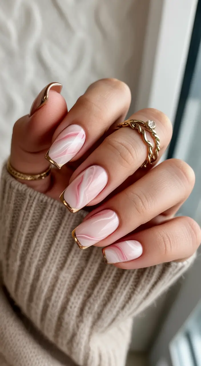 nails-inspo-Pink-Quartz-Swirls-With-Delicate-Golden-Edges