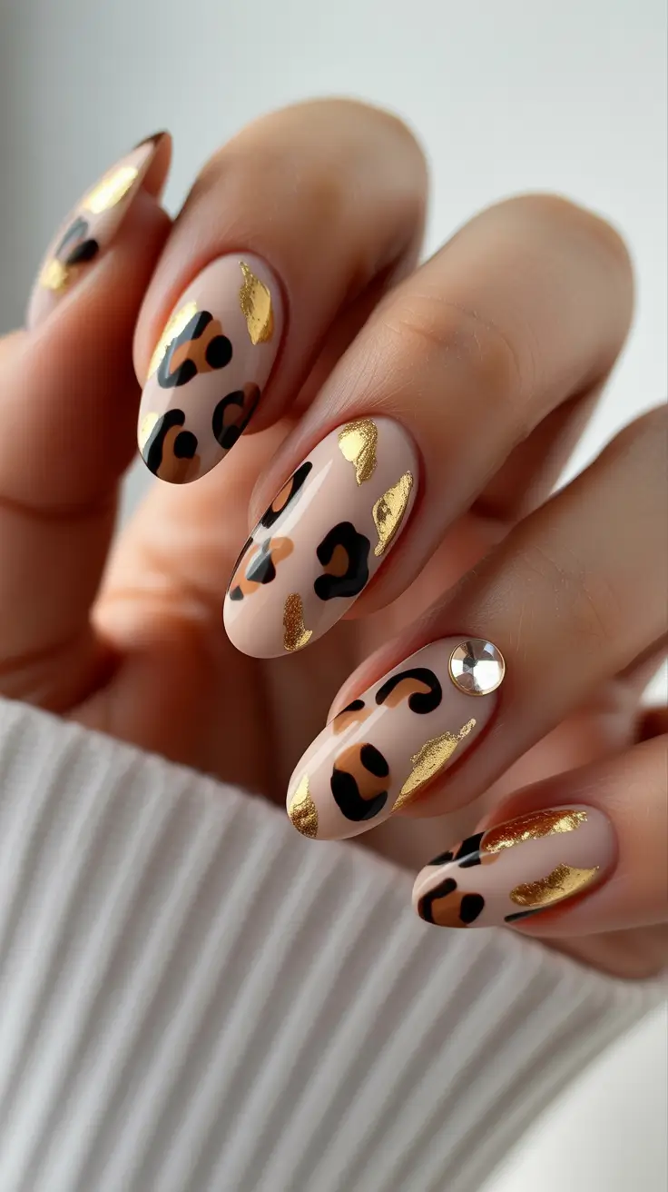 nails-inspo-Gold-Foil-Leopard-With-Chic-Neutrals