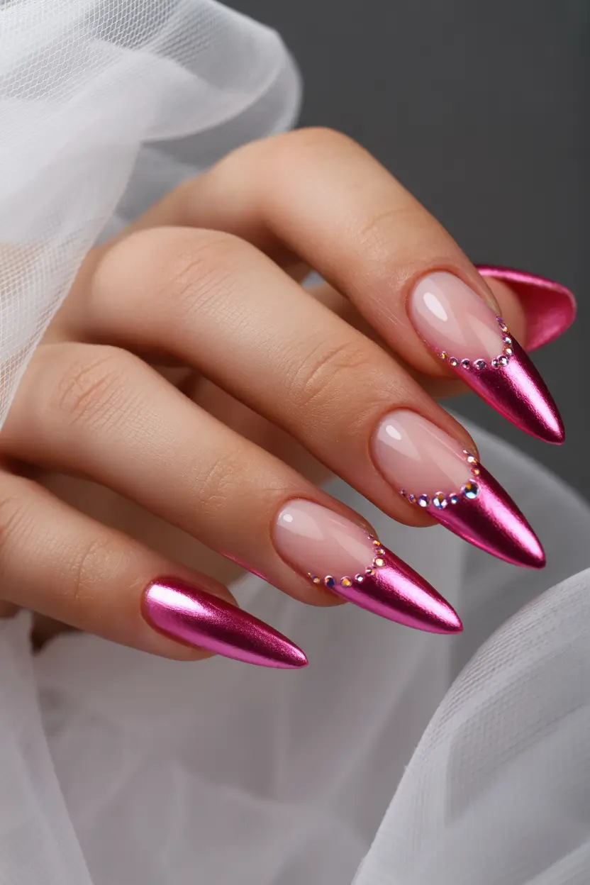 pink nails Chrome Almond shape