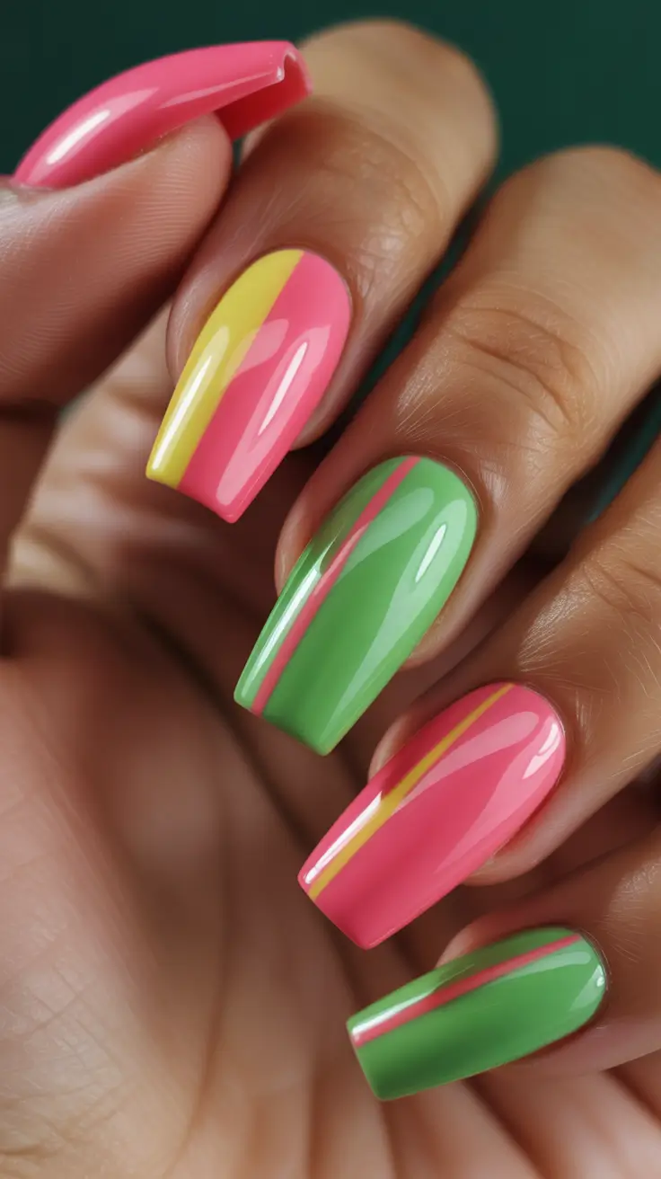 pink nails Green and Yellow and