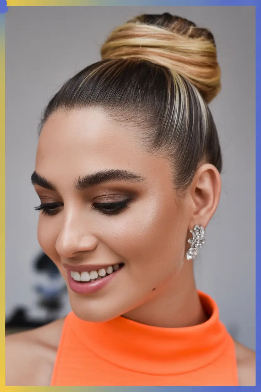 quick hairstyles Wrapped High Bun With Sleek Blonde Highlights