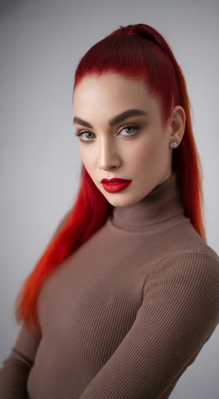 quick hairstyles Sleek Red High Pony With Fiery Gradient