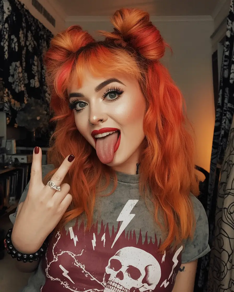 quick hairstyles Bright Orange Half-Up Double Buns With Waves