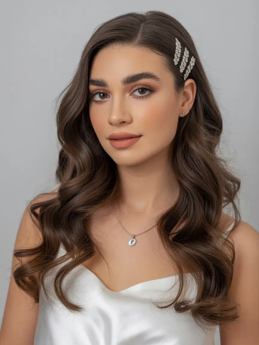 quick hairstyles Deep-Side Glam Waves With Pearl Barrettes