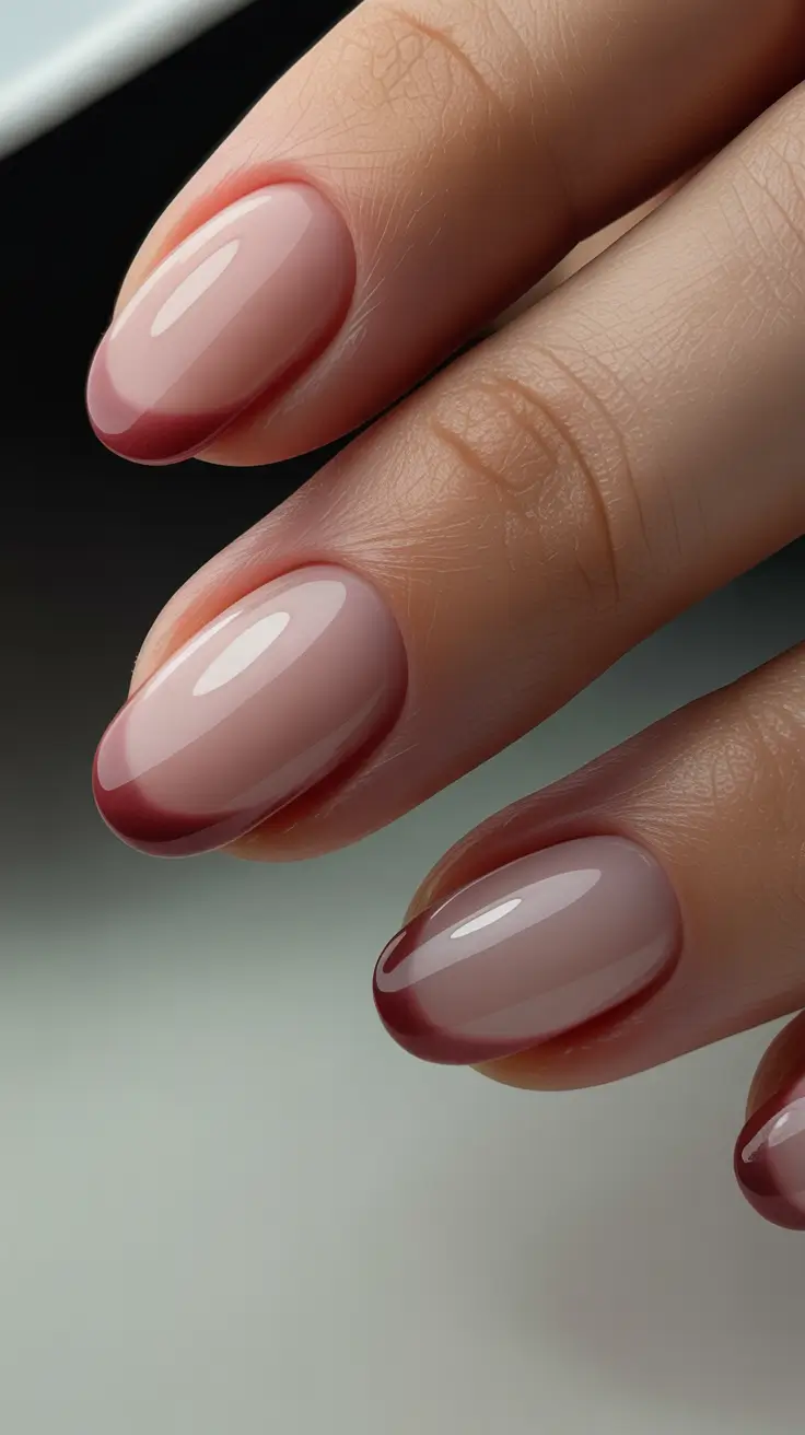 short almond nails Natural Nude with Subtle Red Framing