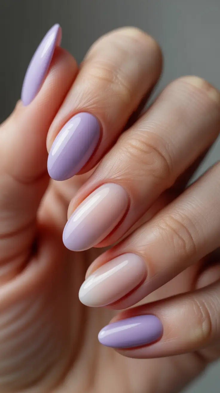 short almond nails Soft Lilac and Milky Nude Harmony