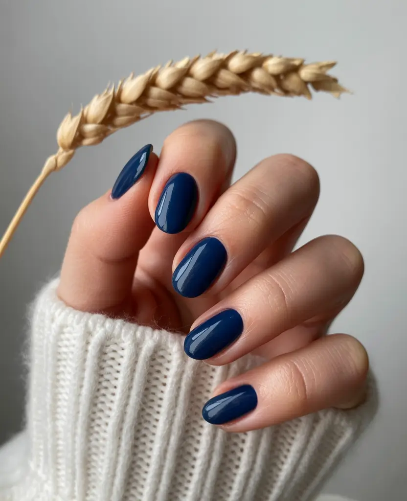 short almond nails Classic Navy Blue with Cozy Depth