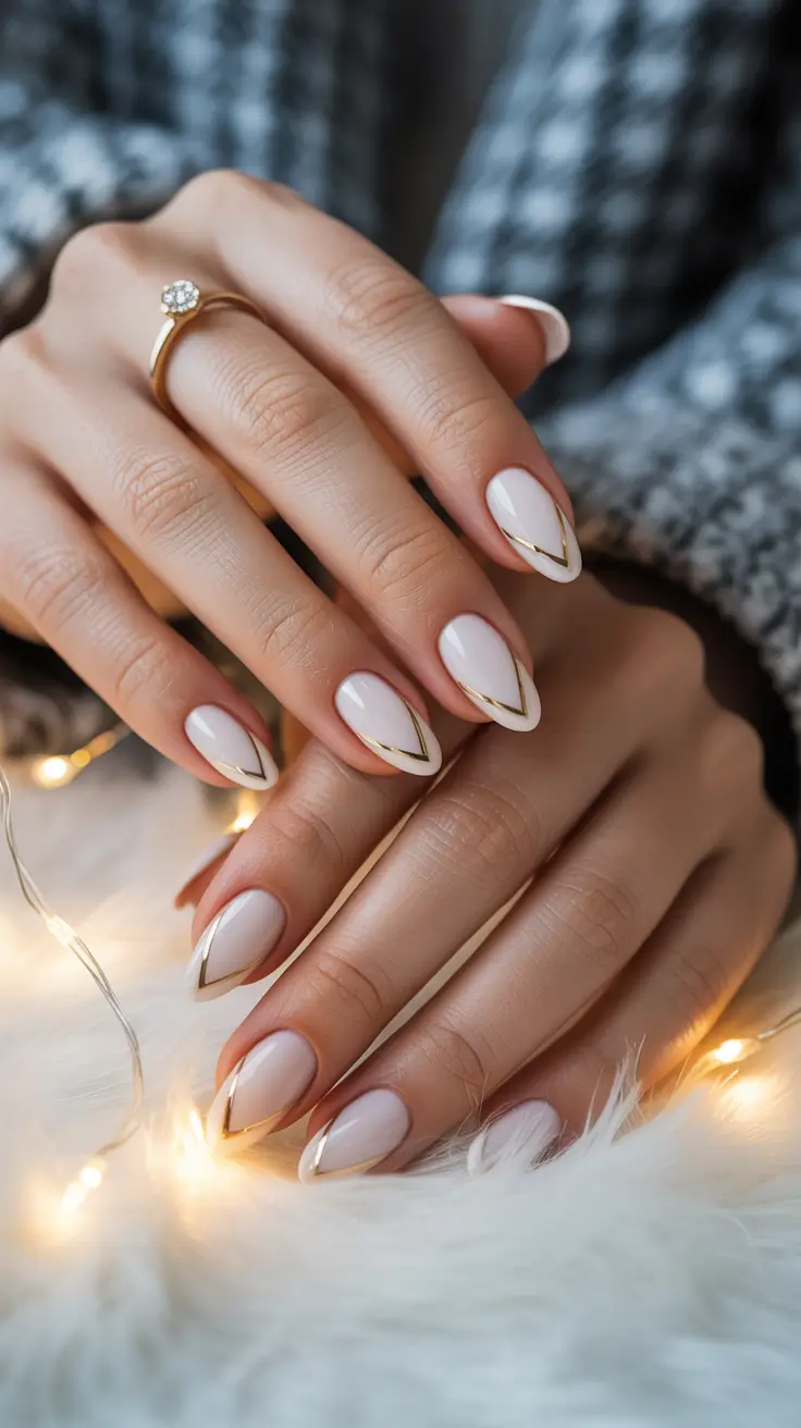 short almond nails Milky White with Fine Gold Geometry