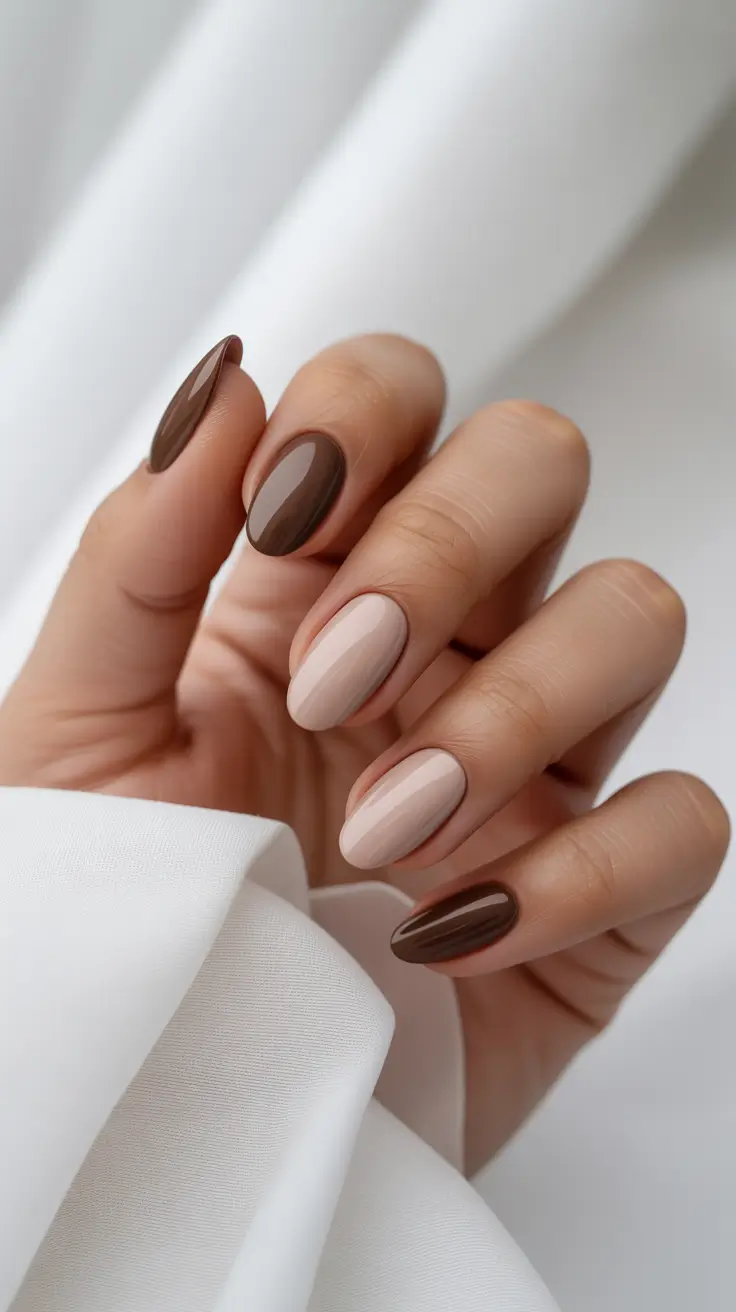 short almond nails Chocolate and Nude Color Blocking
