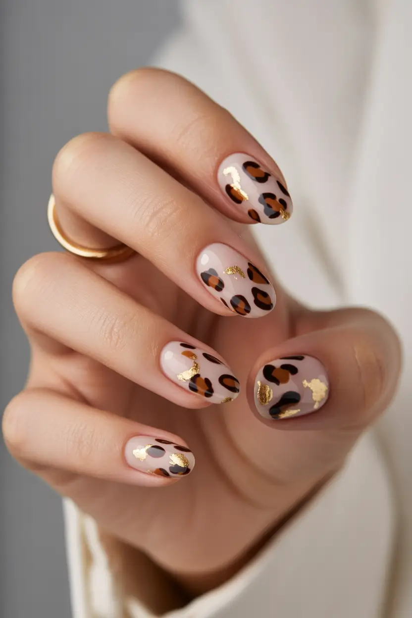 short almond nails Leopard Print with Soft Gold Accents