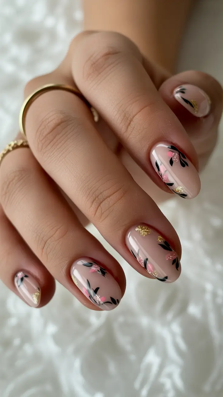 short almond nails Delicate Floral Nude with Hand-Painted Details