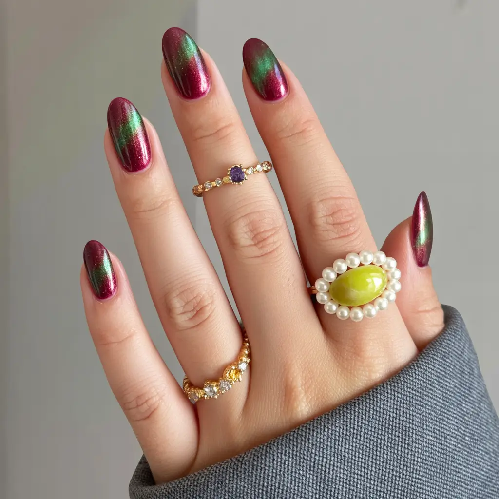 short almond nails Magnetic Berry and Green Shimmer Almonds