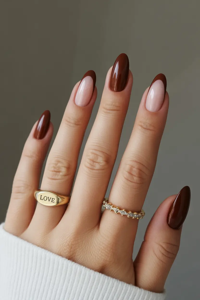 short almond nails Rich Brown French Tips with a Modern Twist