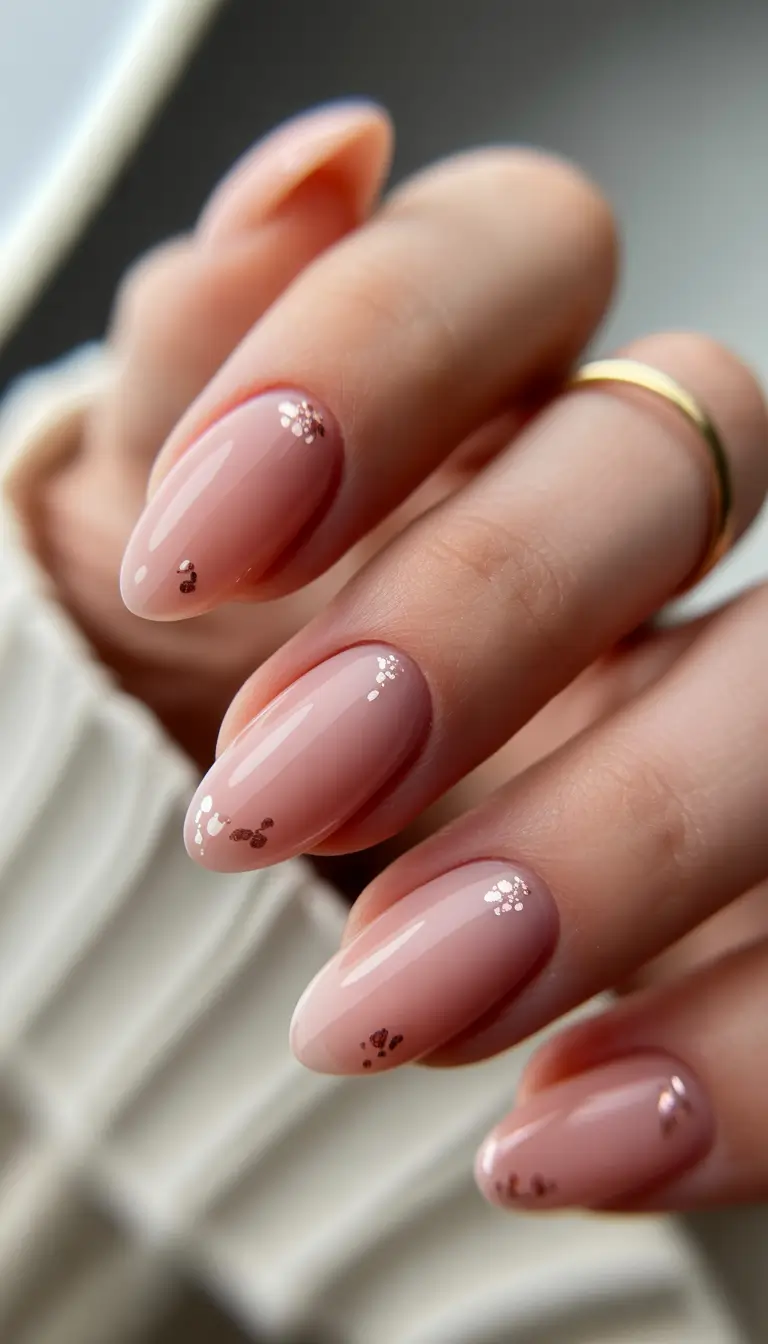 short almond nails Blush Nude with Micro Sparkle Details