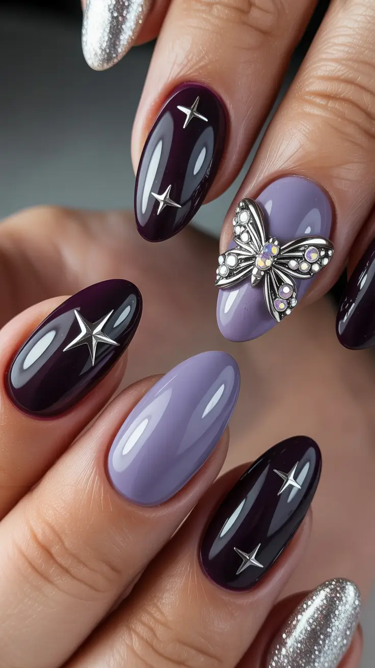 short almond nails Cosmic Plum and Lilac with Statement Accents