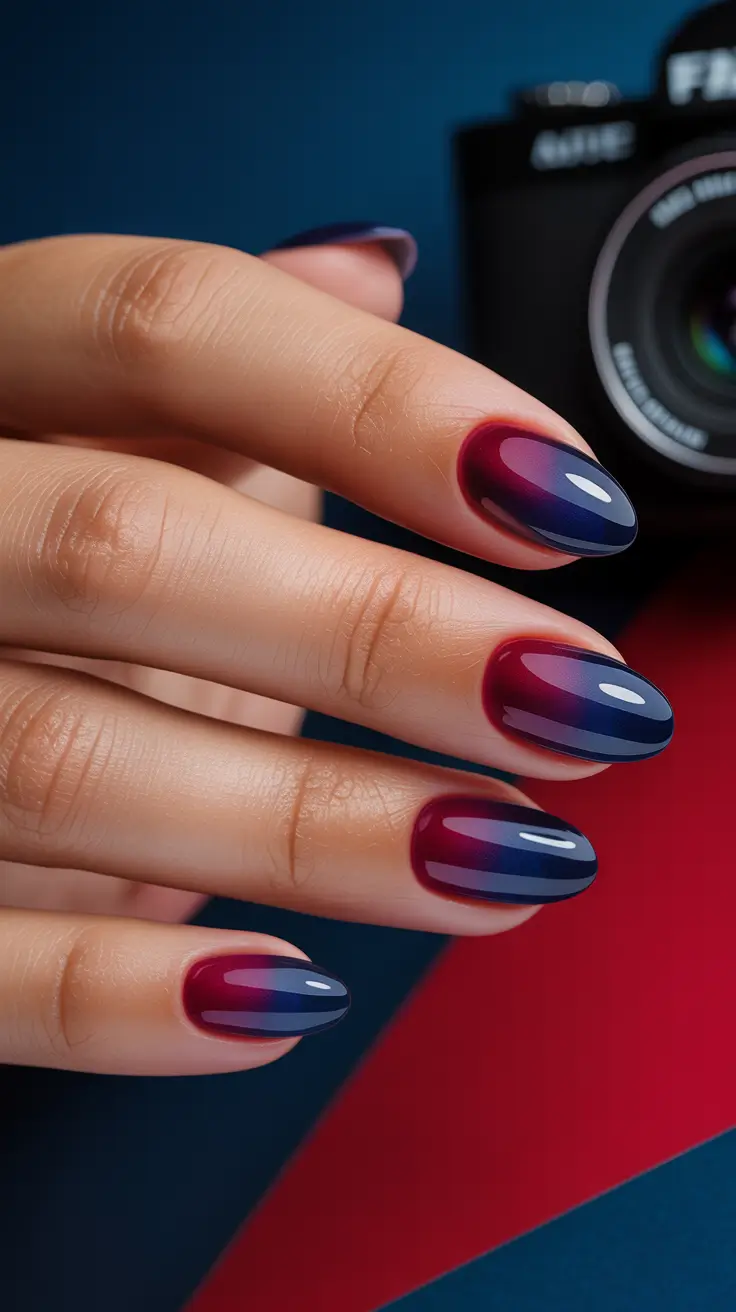 short almond nails Moody Blue and Burgundy Gradient