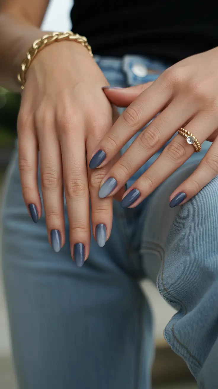 short almond nails Muted Denim Blue with Accent Nail
