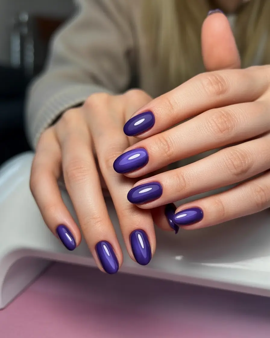 short almond nails Bold Purple Gloss with Clean Lines