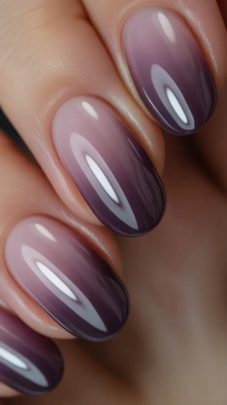 short almond nails Smoky Plum Gradient with Depth