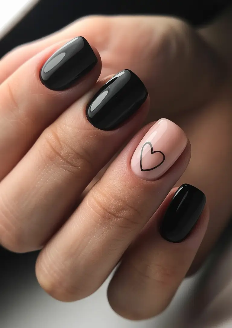 23 short nail designs 2026 Classic Black With a Minimal Heart Accent