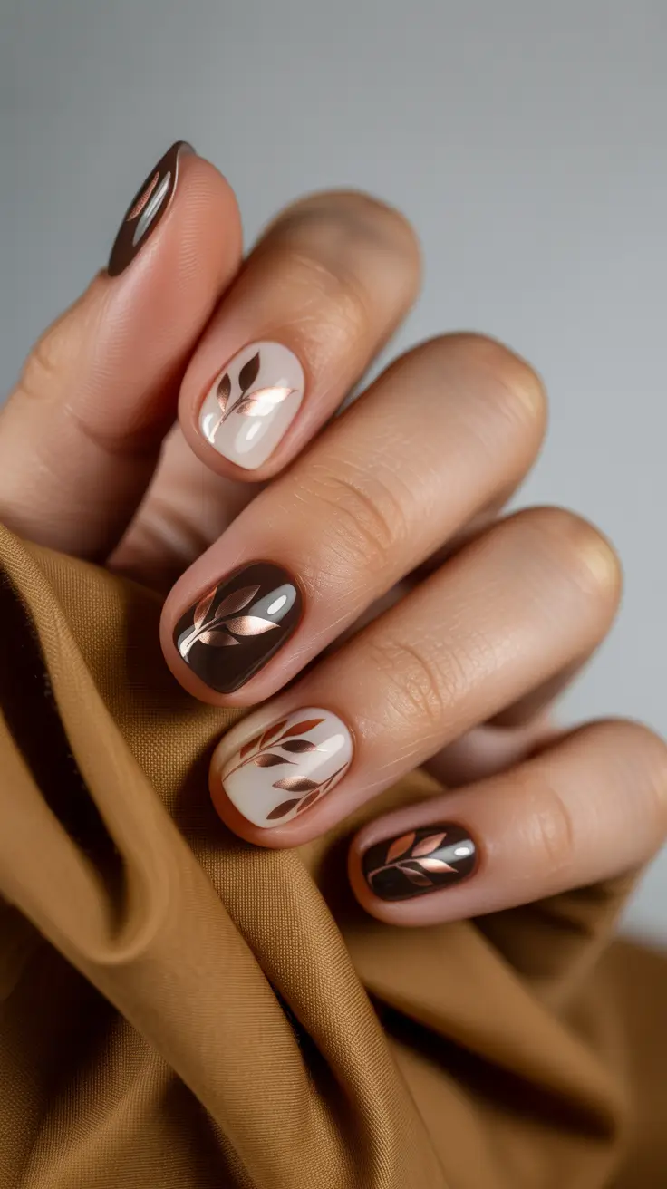 23 short nail designs 2026 Autumn Leaf Motifs in Warm Earthy Tones