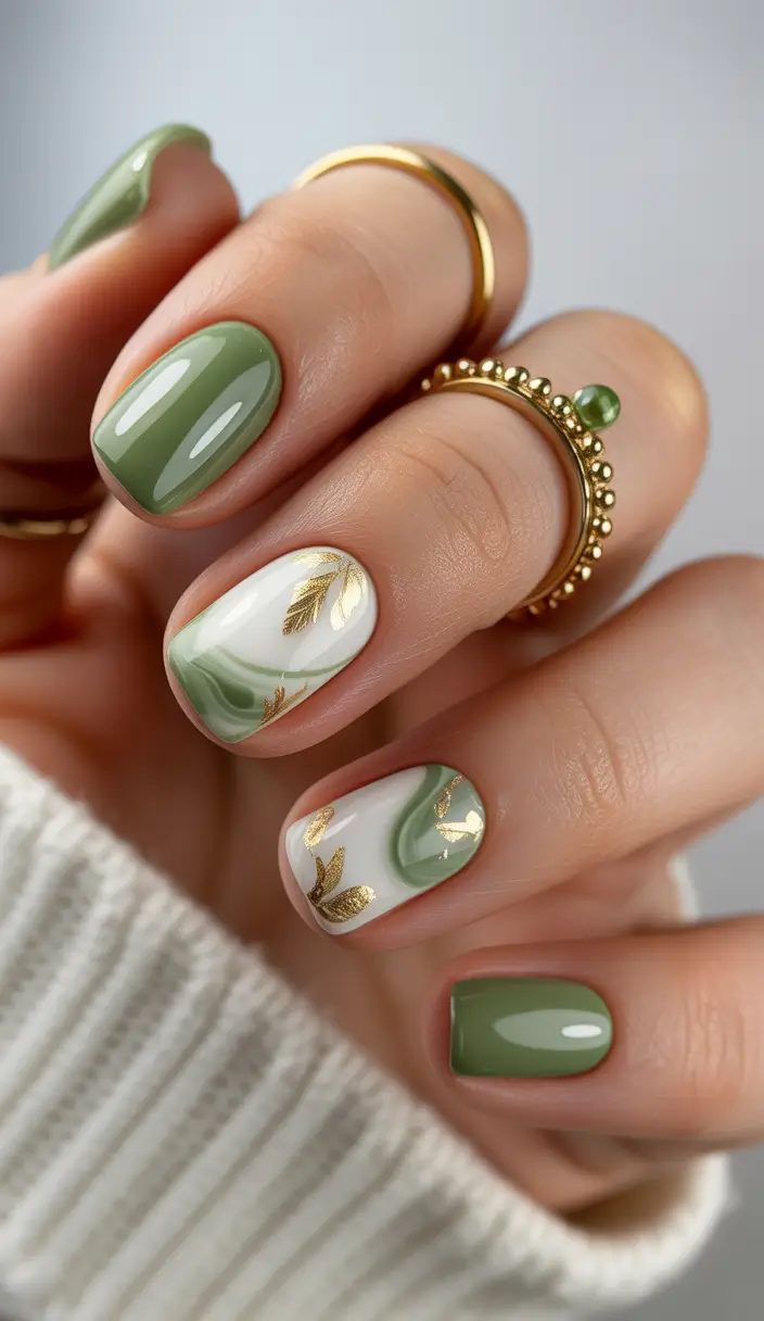 23 short nail designs 2026 Botanical Green With Gold Foil Accents
