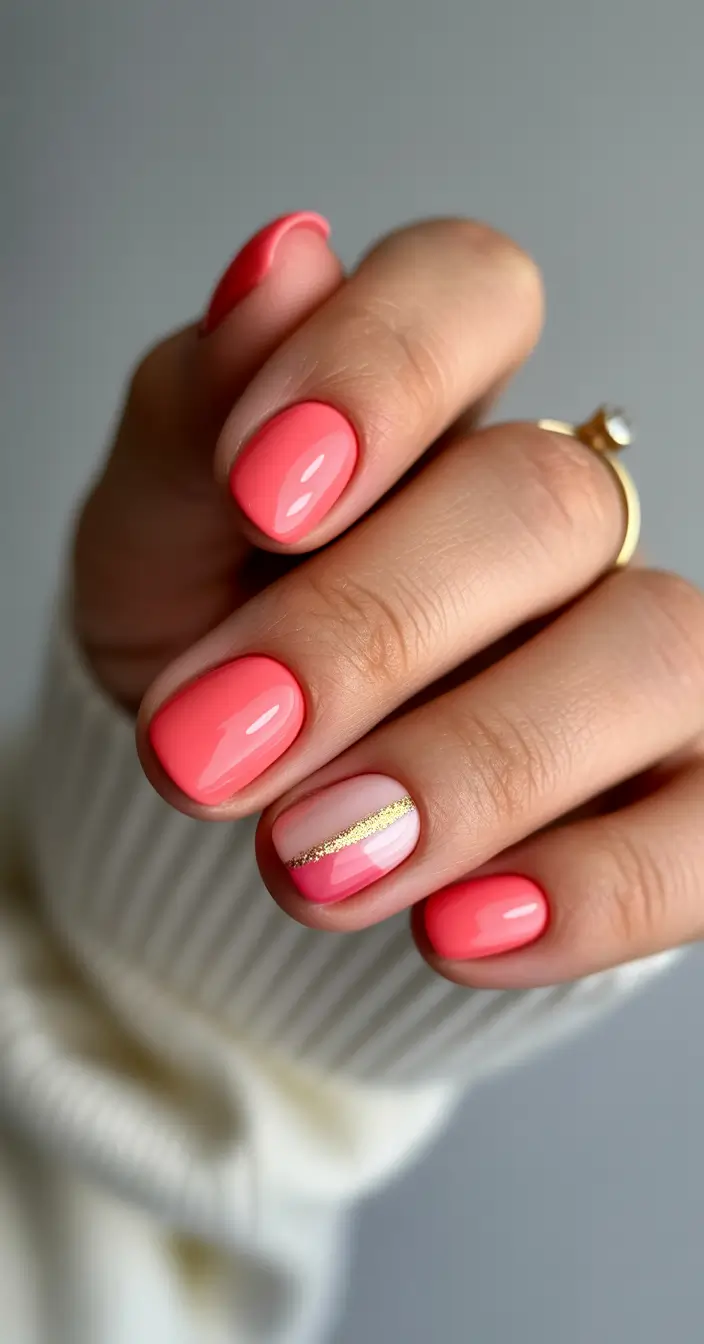 23 short nail designs 2026 Coral Pink With a Minimal Gold Line Detail
