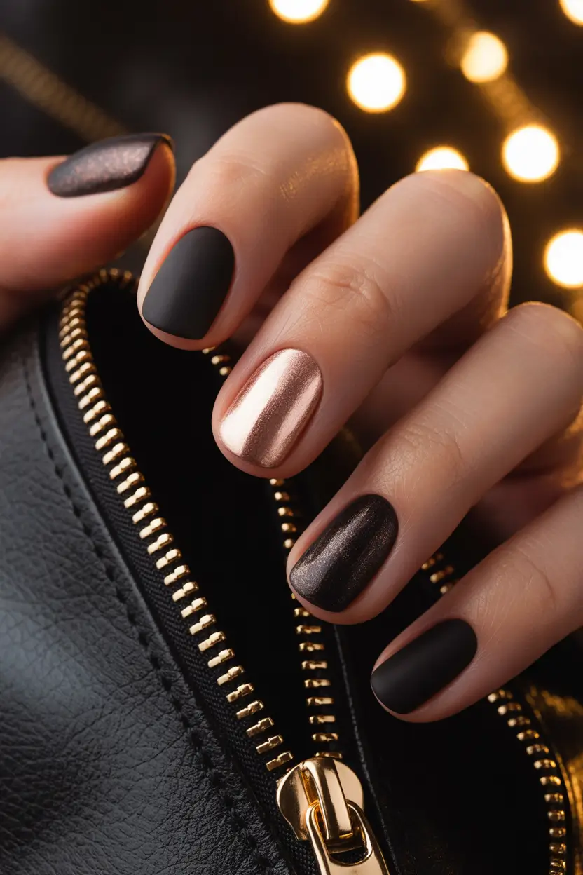 23 short nail designs 2026 Matte Black With Metallic Gold Contrast