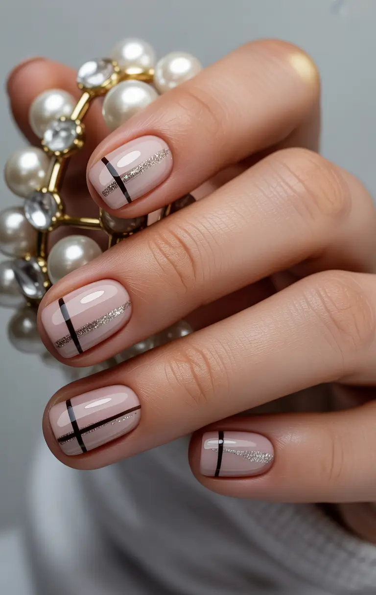 23 short nail designs 2026 Soft Nude With Subtle Sparkle Geometry