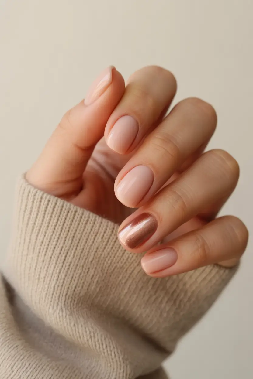 23 short nail designs 2026 Sheer Blush With a Single Metallic Nail