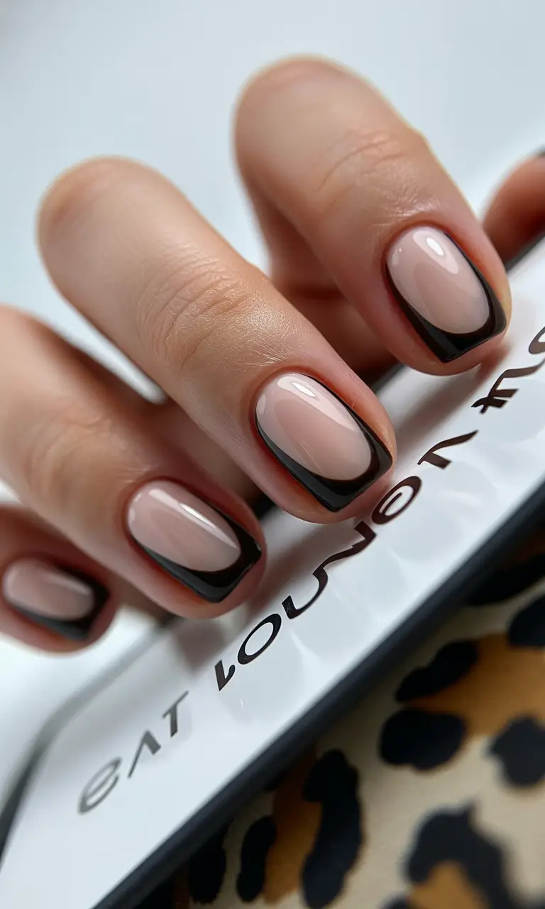 23 short nail designs 2026 Modern Black French With Graphic Precision