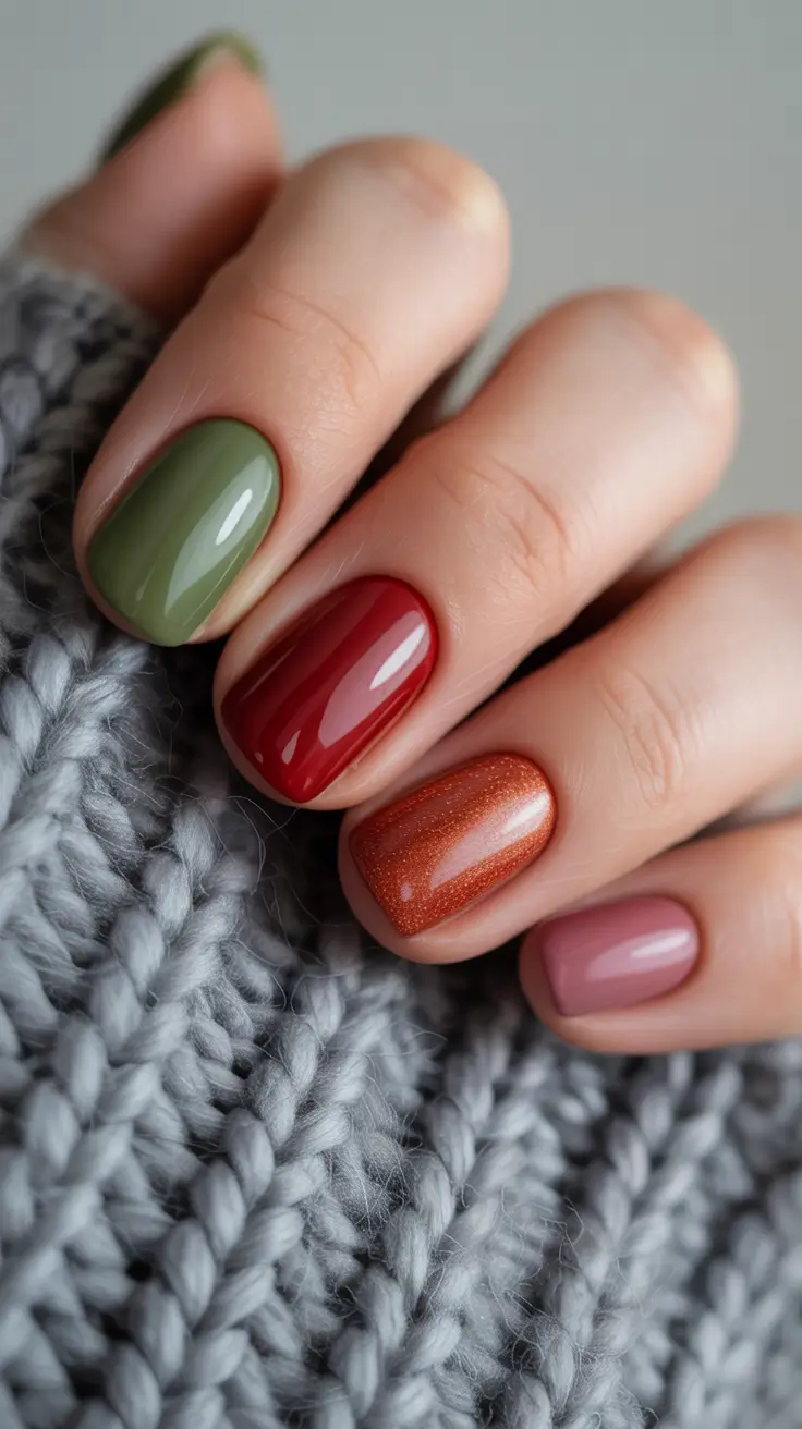 23 short nail designs 2026 Mixed Fall Palette With Cozy Color Blocking