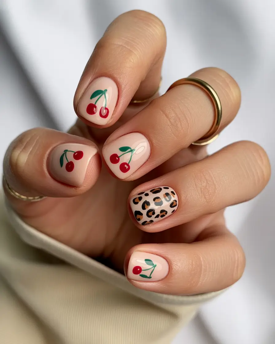 23 short nail designs 2026 Playful Cherry Details With a Graphic Twist
