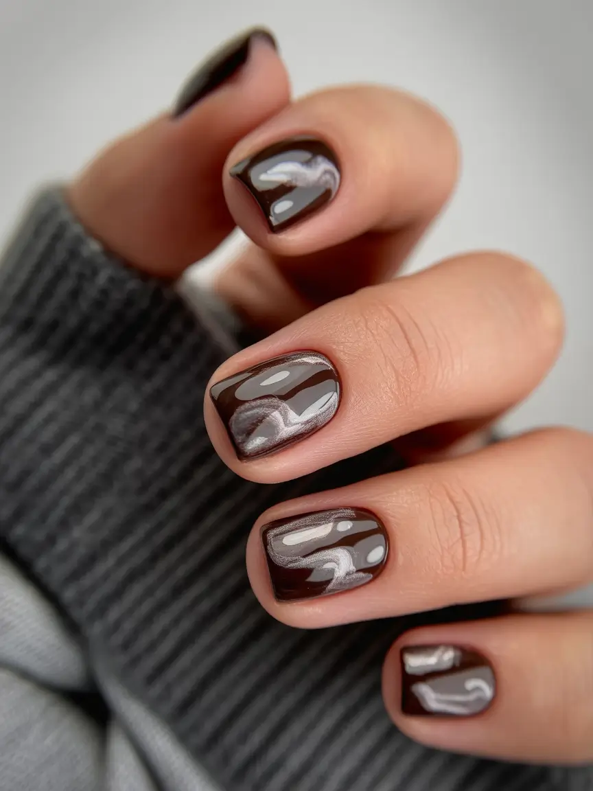 23 short nail designs 2026 Smoky Brown Swirls With Modern Grunge Energy