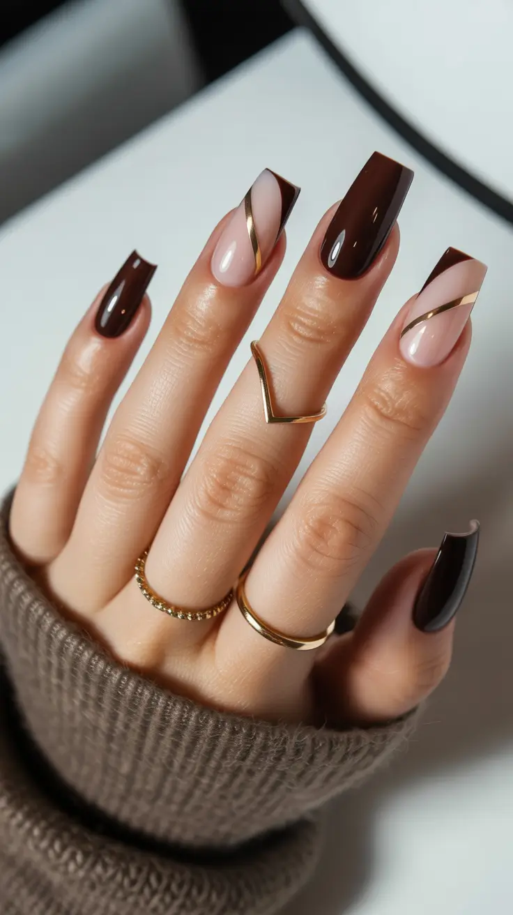 square nails Graphic brown square nails with modern lines