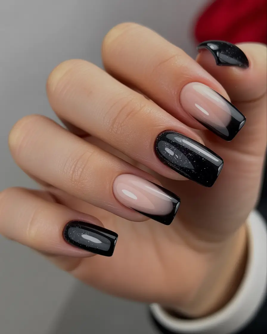 square nails Glossy black square nails with subtle sparkle