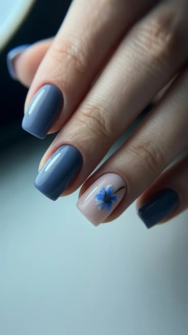 square nails Dusty blue square nails with a single floral whisper